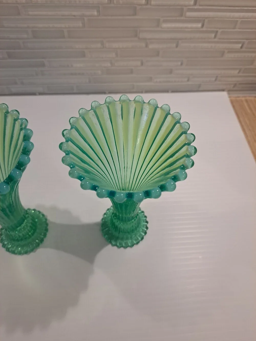 2 Vtg Fostoria Heirloom Light Greenish Opalescent Ribbed Candle Holder Vase Set